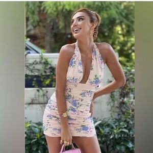 ZARA Women’s Floral Print Pink Ruched Halter Dress Size XS